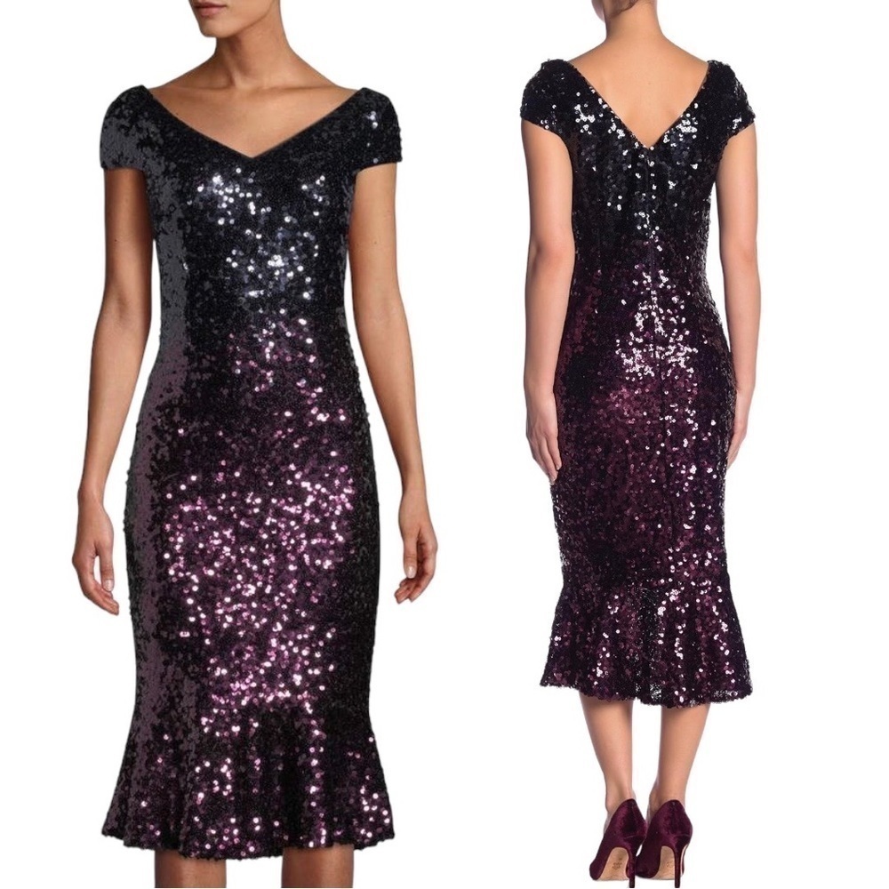MARINA Sequin Embellished Ombré Flounce Hem Midi Dress size 8.